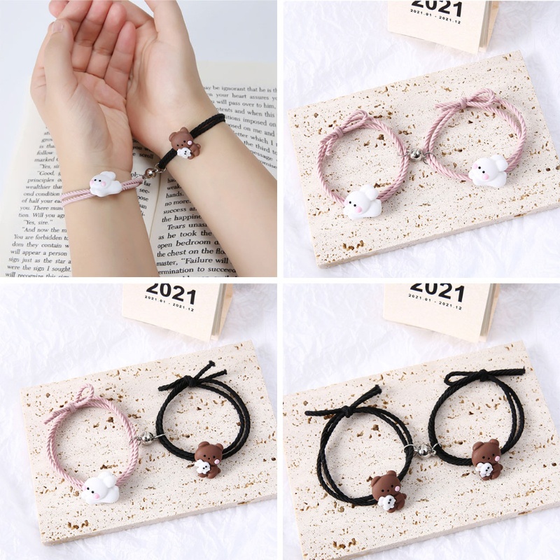 Set 2 vòng tay dây co giãn màu hồng/đen hình gấu/thỏ dễ thương cho cặp đôi