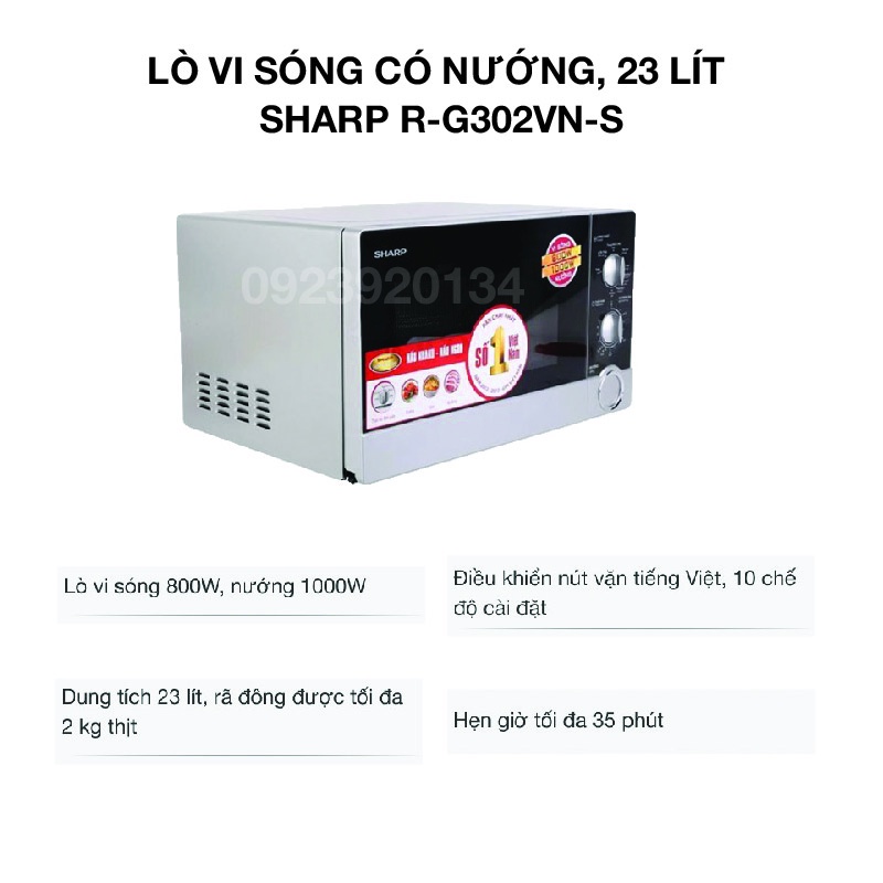 [Mã ELHADEV giảm 4% đơn 300K] Lò vi sóng có nướng, 23 lít Sharp R-G302VN-S