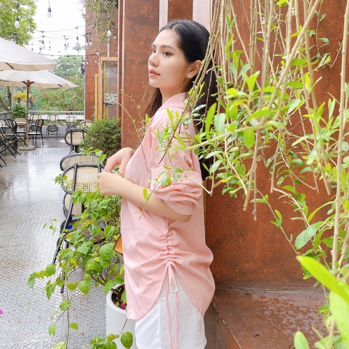 Áo sơ mi nữ hồng mặc được 2 kiểu Deloga phong cách mới bao đẹp tpc  của gkm_fashion