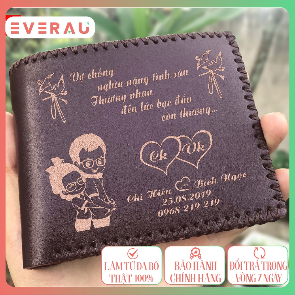 Ví nam da bò thật 100% khắc tên theo yêu cầu, mẫu khắc tình yêu nam nữ, vợ chồng, bảo hành sản phẩm đến 24 tháng
