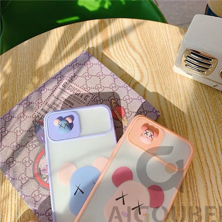 Ốp điện thoại hình gấu mỏng có nắp trượt camera thích hợp cho iPhone 7 7P 8 8P X XR Xs Max 11 Pro Max Max 12 Pro Max