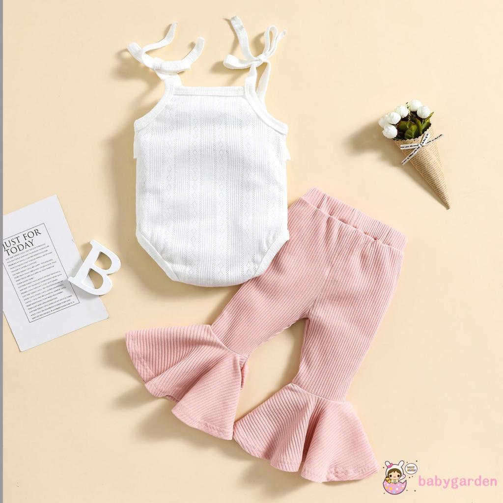 BABYGARDEN 6months-3years Baby Girl Outfits, Solid Color Sleeveless Ruffles Decor Sling Romper + Elastic Waist Ribbed