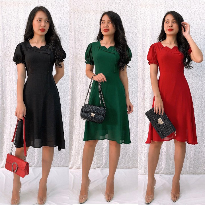 Đầm Xòe Voan Chiffon S&amp;M Cổ Bẻ Đính Nút Tôn Dáng, Xinh Đẹp, Giá Rẻ GR156_ Có Bigsize, Hình Thật Do Shop Tự Chụp