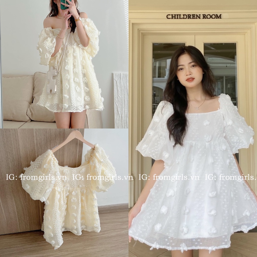 Váy babydoll hoa nổi, đầm trễ vai babydoll tay phồng tiểu thư ulzzang - V81