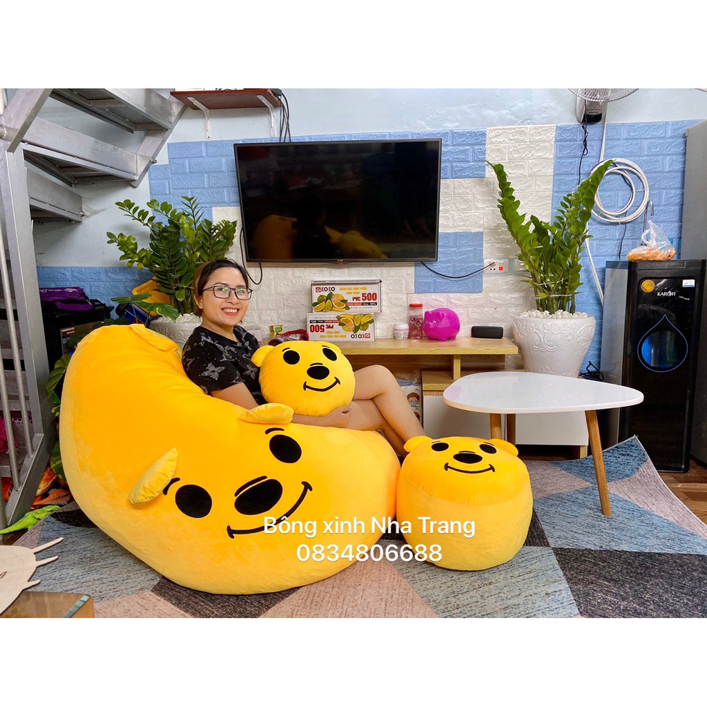 Ghế lười hạt xốp dáng lê hình thú gấu vàng POOH siêu đáng yêu ,chất nhung hàn cao cấp size L (đã có xốp )