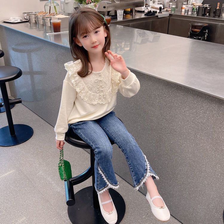 Mới Quần Jeans Ống Loe Phối Ren Thời Trang 2022 Cho Bé Gái