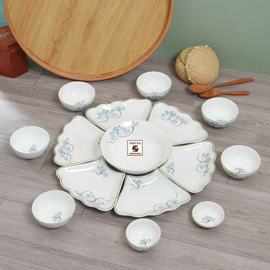 Bộ bát đĩa hoa mặt trời hoạ tiết Hoa sen Gốm sứ Bát tràng cao cấp, Thuyền ngự gà hoa sen sz chuẩn dk 45cm