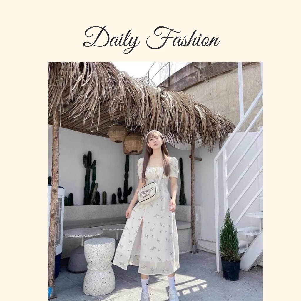 Đầm maxi trắng hoa nhí xẻ tà cổ vuông nhún ngực đi biển giá rẻ, đẹp | BigBuy360 - bigbuy360.vn