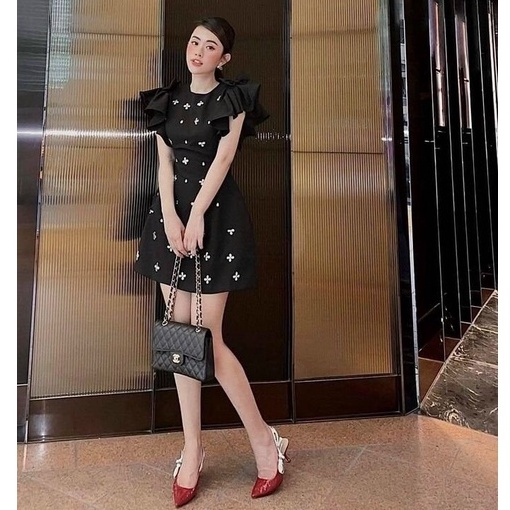 Đầm Dáng Xòe ❤️FREESHIP❤️ Cổ Tròn Tay Ngắn Đính Hạt Nơ Vai