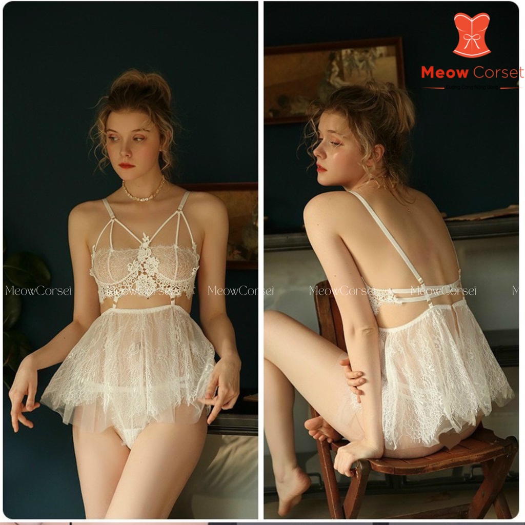 Váy đầm ngủ ren xuyên thấu kèm quần lọt khe sexy gợi cảm 176 [MEOW Corset]
