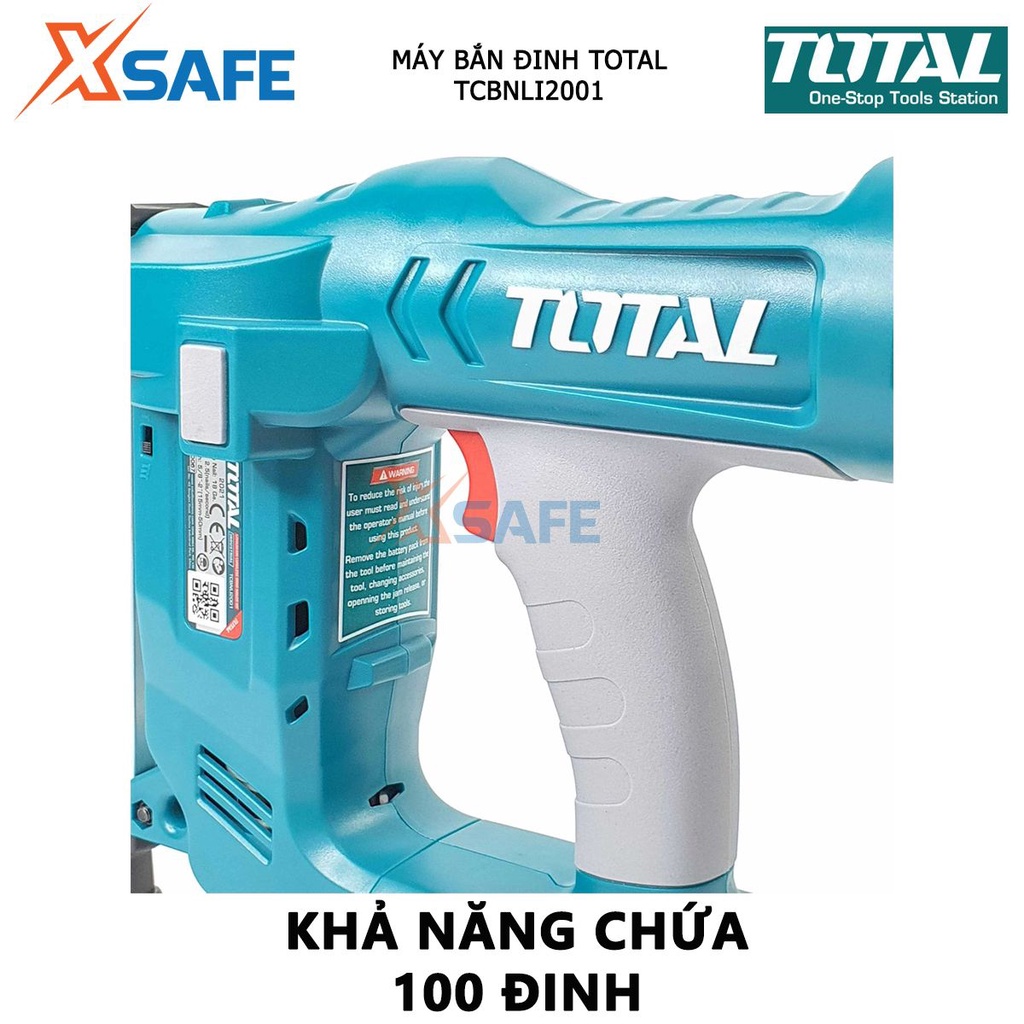 Máy bắn đinh dùng pin 20V TOTAL TCBNLI2001 Loại đinh F15~F50, tốc độ 2.5 đinh/giây, chứa 100 đinh, kèm 2 pin 2.0Ah 1 sạc