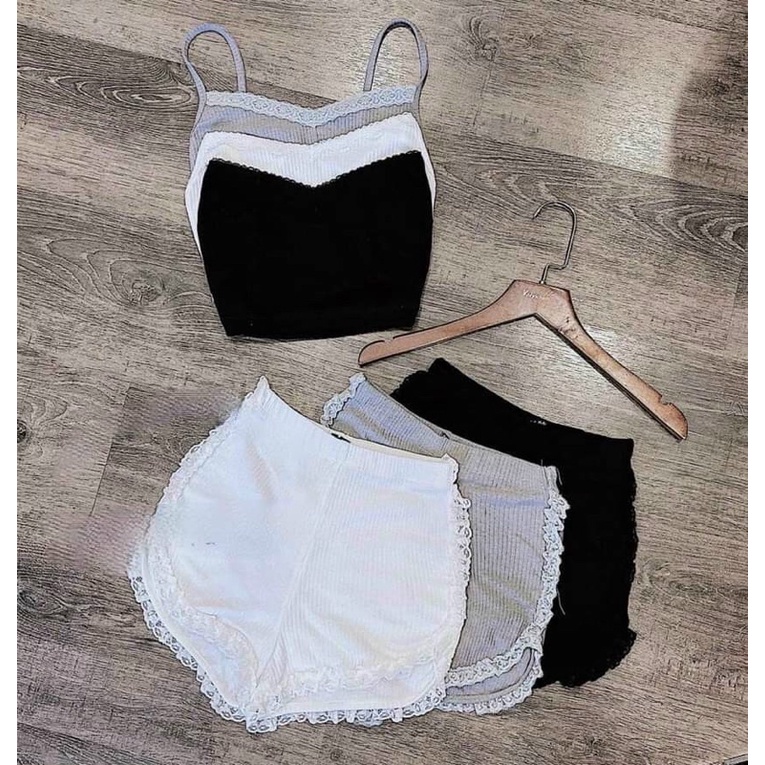 [FREESHIP] Set áo hai dây + quần đùi phối ren chất cotton co giãn ba màu siêu xinh và thoải mái