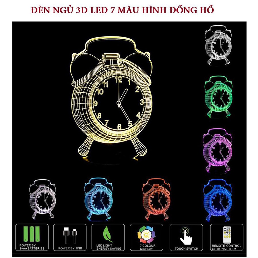 Đèn Ngủ 3D Led 7 Màu Hình Đồng Hồ