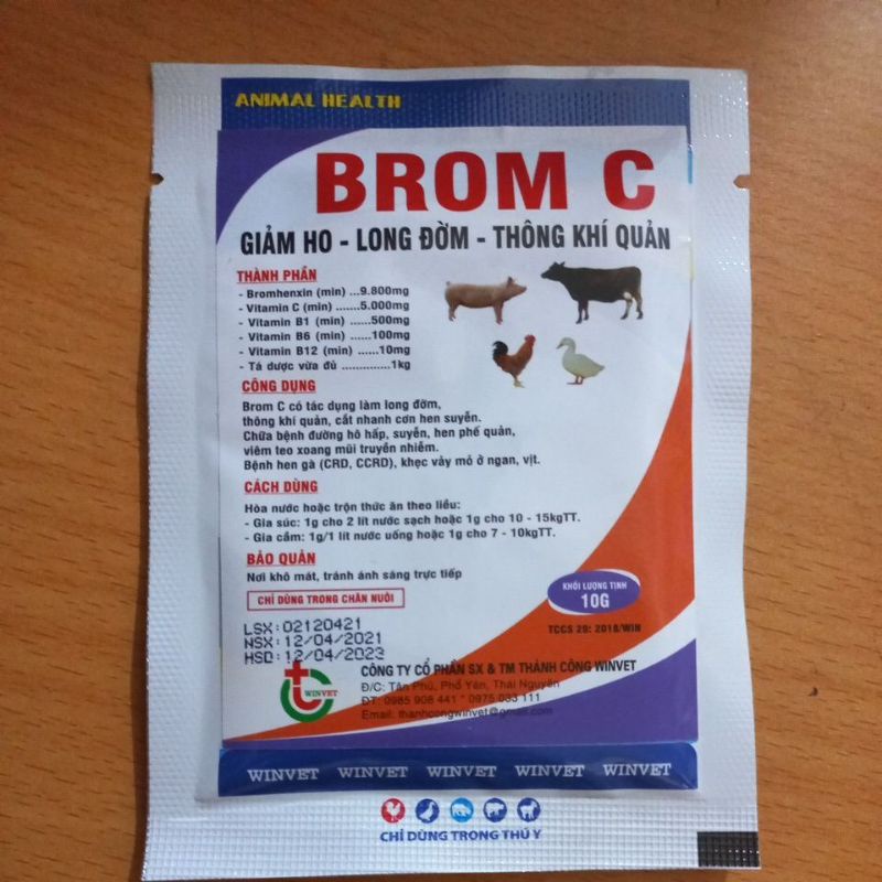 Brom C 10g Long đờm, giảm ho, thông khí quản vật nuôi