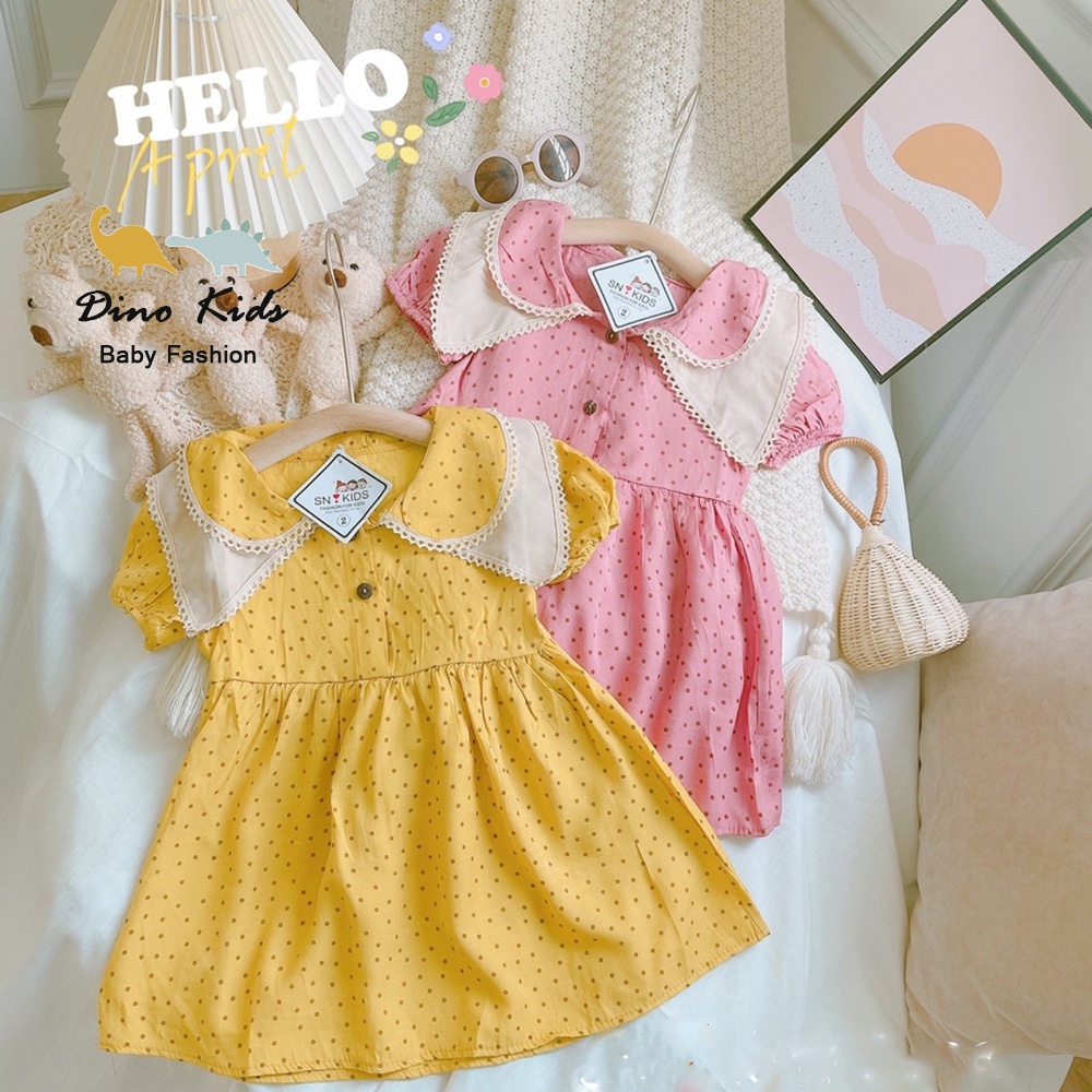 Váy xòe cổ sen bé gái, váy đũi chấm bi cách điệu cổ ren 2 lớp cho bé