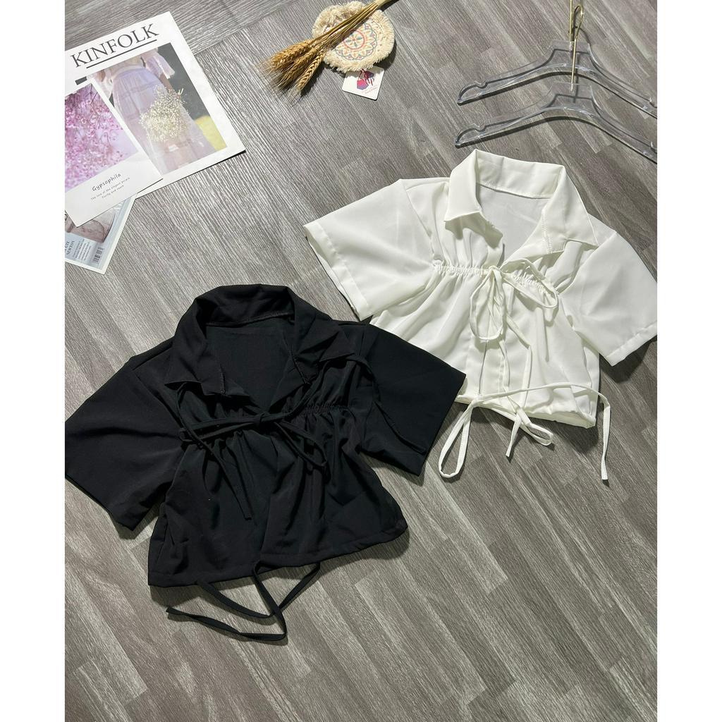 Áo croptop cổ sơ mi, áo kiểu nữ tay ngắn cột nơ G57