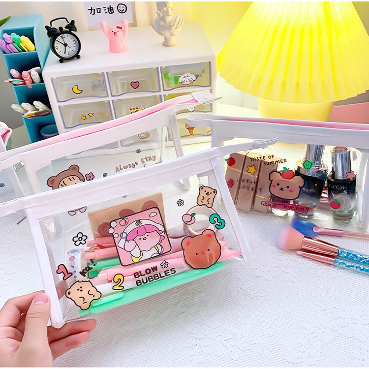 Túi Đựng Đồ Trang Điểm Trong Suốt Họa Tiết Hàn Quốc Dễ Thương - Hộp Bút Tiện Lợi