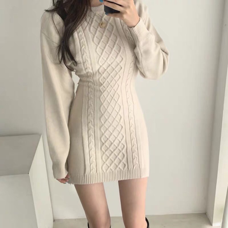 Váy đầm len ôm body tay phồng dài hở eo lưng sexy quyến rũ ulzzang 2023