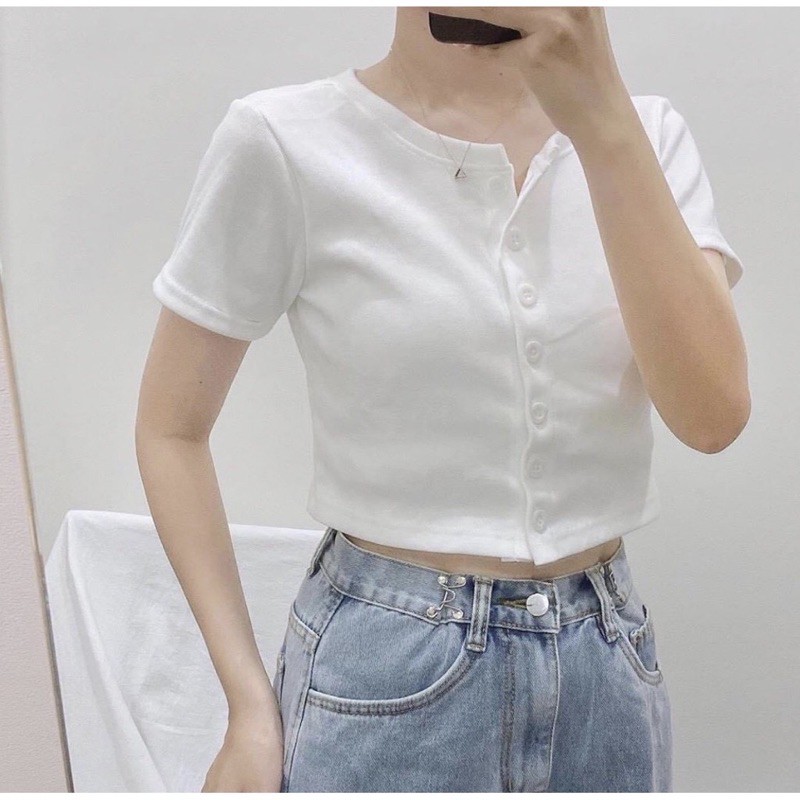 [Rẻ Vô Địch Áo Croptop Len Tăm Nút Thật
