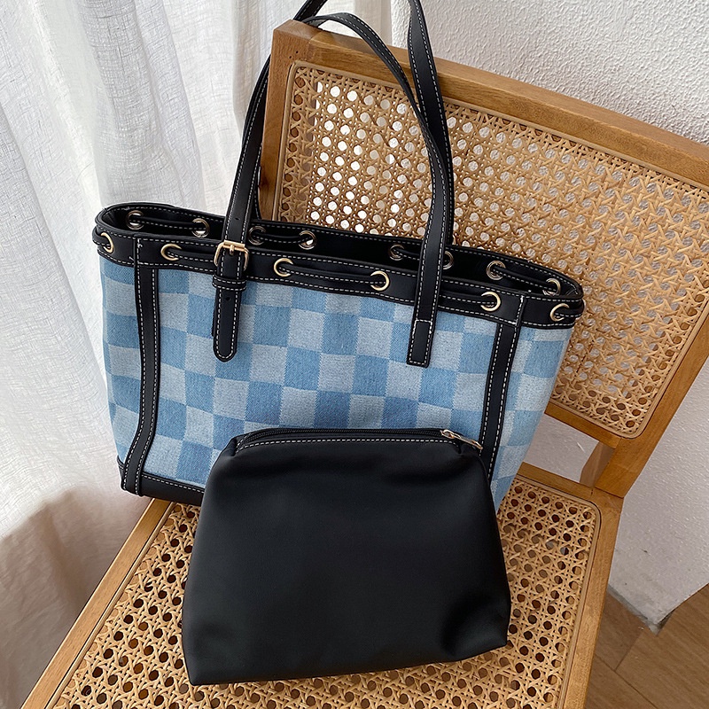 Túi đeo vai IELGY bằng vải canvas cỡ lớn họa tiết kẻ ô đơn giản thời trang cho nữ