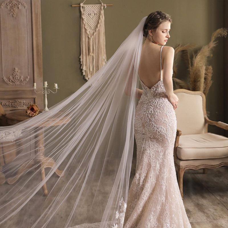 Mạng Che Mặt Cô Dâu 1 Tầng Dài 118 Bằng Vải Tuyn Phối Ren Trang Nhã