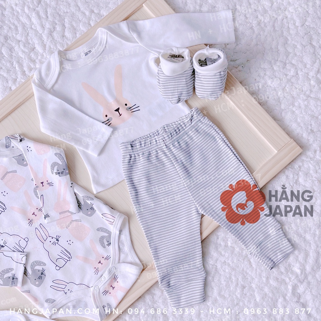 Set body, quần áo Gem Look cho bé tặng kèm mũ yếm bao chân cotton organic hàng Úc