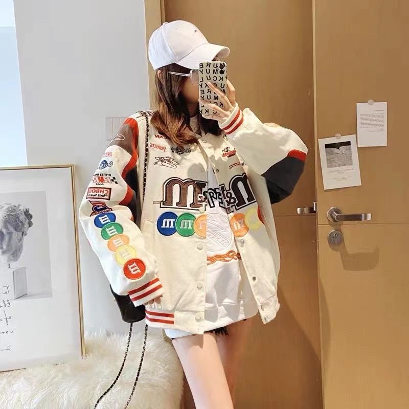 M & m Áo Khoác Bóng Chày Mỏng Dáng Rộng Thêu Họa Tiết Retro Mỹ Mùa Thu Đa Năng Cho Nữ
