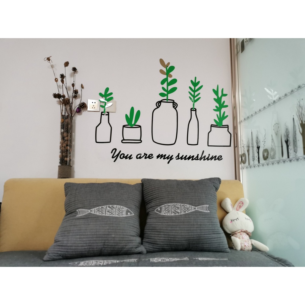 Tranh dán tường mica 3d decor khổ lớn các lọ cây nhỏ trang trí nhà, phòng khách, phòng ngủ Nhiều Size - EPeBen