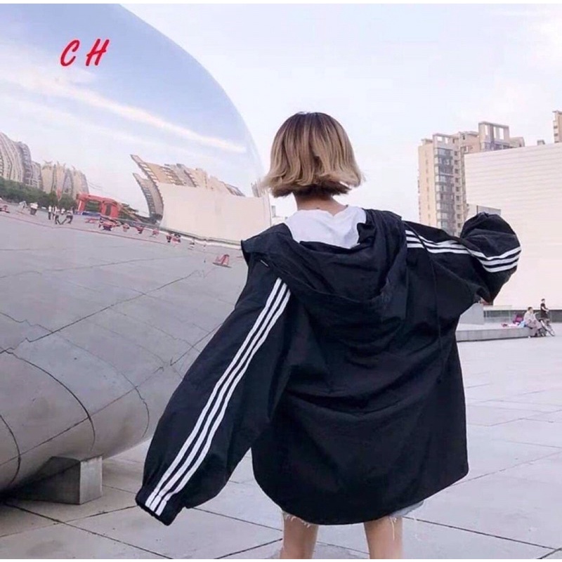 áo khoác gió dù màu đen 1 lớp 3 sọc trơn