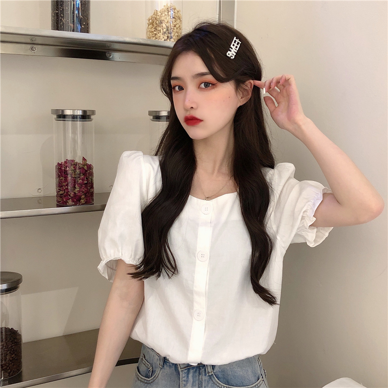 SUXI Áo tay ngắn cổ vuông thời trang Pháp đáng yêu cho nữ