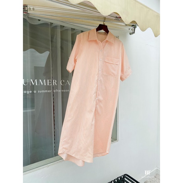 Váy liền nữ Méo shop cổ sơ mi ngắn tay kẻ túi hộp dáng xuông phong cách công sở Rona