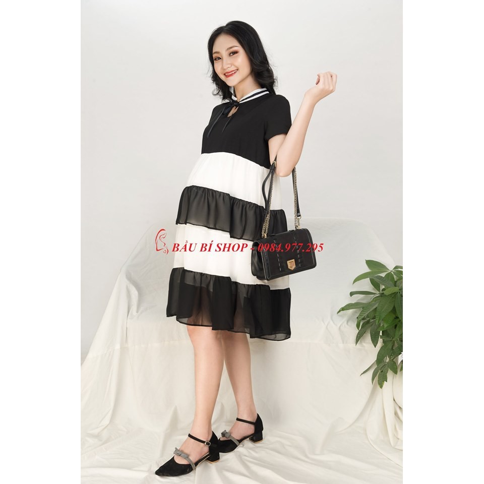 Váy bầu dáng suông VOAN LỤA  BABY DOLL phối đen trắng VTK22