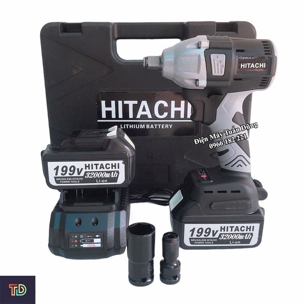 Siết bulong Hitachi 199V không chổi than 2 trong 1 - 2 PIN TẶNG ĐẦU CHUYỂN VÍT VÀ KHẨU 22
