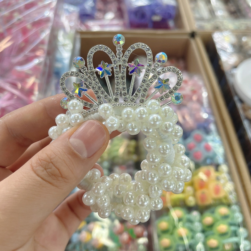 Dây Buộc Tóc Cao Su Hình Vương Miện Đính Ngọc Trai Phong Cách Hàn Quốc Mới Cho Bé Gái