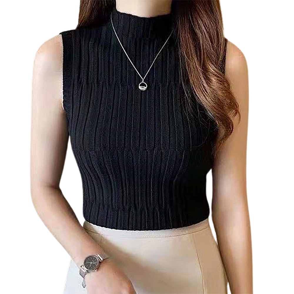 Áo dệt kim sát nách cổ lọ màu trơn thời trang Hàn Quốc thanh lịch cho nữ