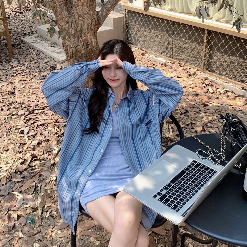 Áo sơ mi SUXI tay dài họa tiết kẻ sọc thời trang dành cho nữ