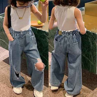 Quần Denim Ống Rộng Thiết Kế Rách Cá Tính Thời Trang Cho Bé Gái