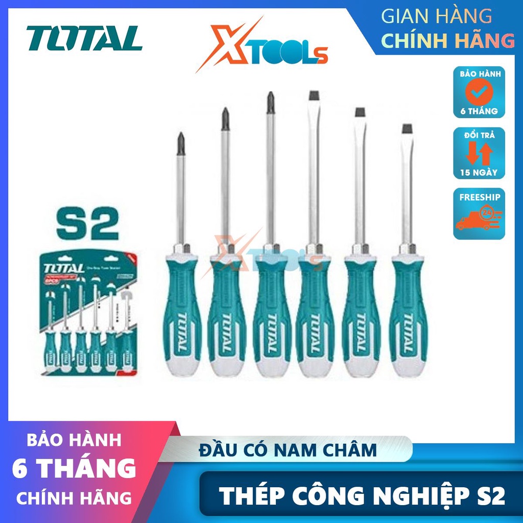 Bộ 6 tua vít đóng xuyên TOTAL THGSS2606 thép công nghiệp S2 cứng chắc, đầu bake và dẹp 100-200 - CHÍNH HÃNG - XTOOLS