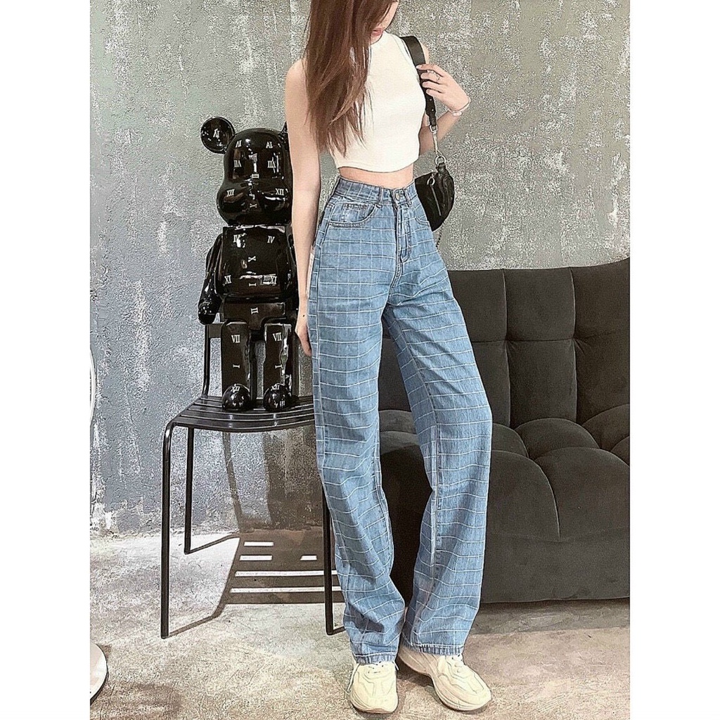 Quần jean nữ ống suông họa tiết sọc caro G01 lưng cao vải bò dày đẹp
