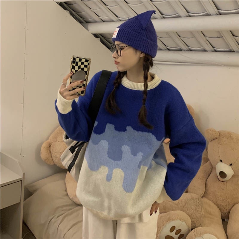 Áo Sweater Dệt Kim Dáng Rộng Cổ Tròn Phối Màu Hàng Mới Cho Nữ