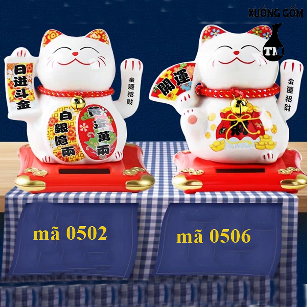 Mèo Thần Tài Vẫy Tay Sạc Bằng Năng Lượng Xưởng Gốm TM Bát Tràng 10CM
