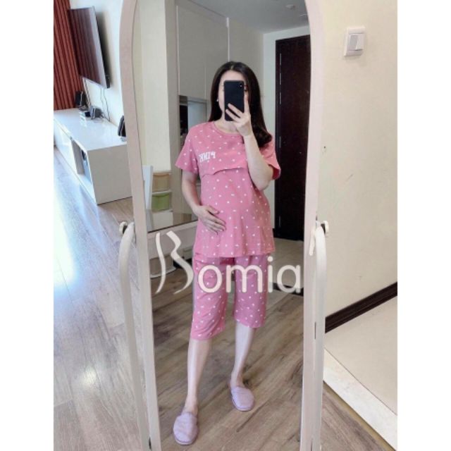 Bộ bầu và sau sinh Chicmom cộc tay Pink có lật ngực cho bé ti chất  cotton A009