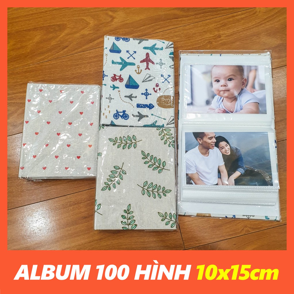 Album 100 hình 10x15cm Bìa Vải Linen Lá cây, Trái tim, Hàng Hải (Có in hình, tặng bọc nhựa)