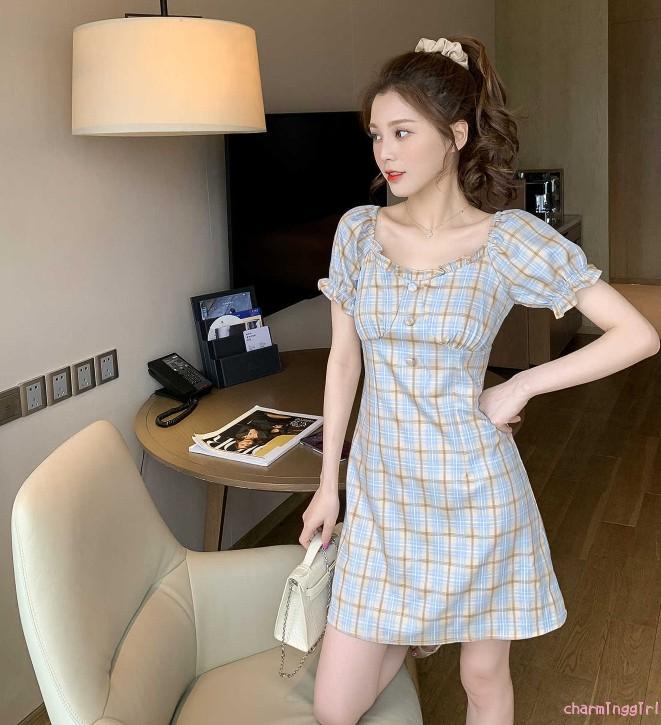 Đầm Ngắn Tay Ca Rô Ca Rô Thời Trang Dành Cho Nữ