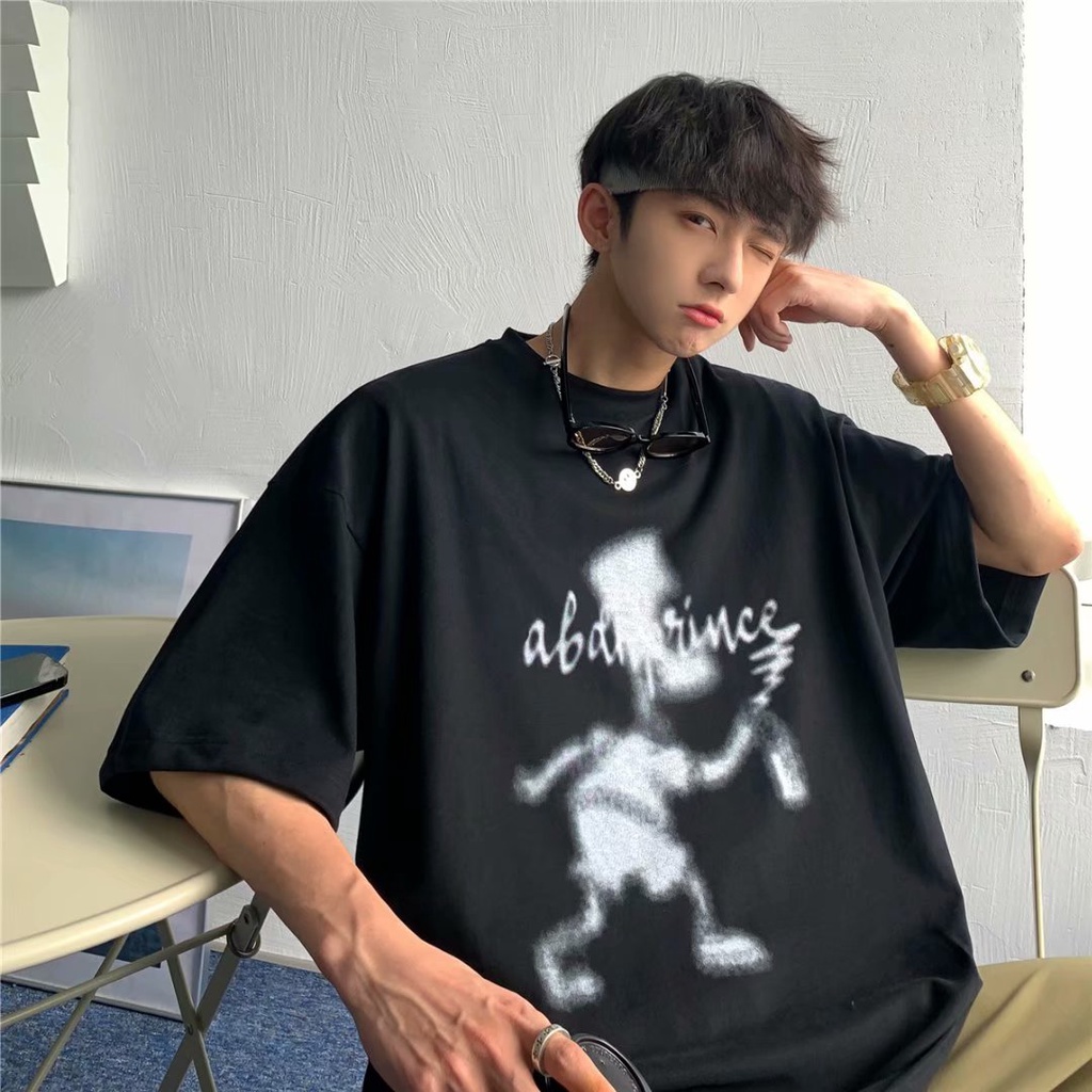 Áo thun tay ngắn dáng rộng in họa tiết hoạt hình phong cách đường phố hiphop cho nam size M-5XL