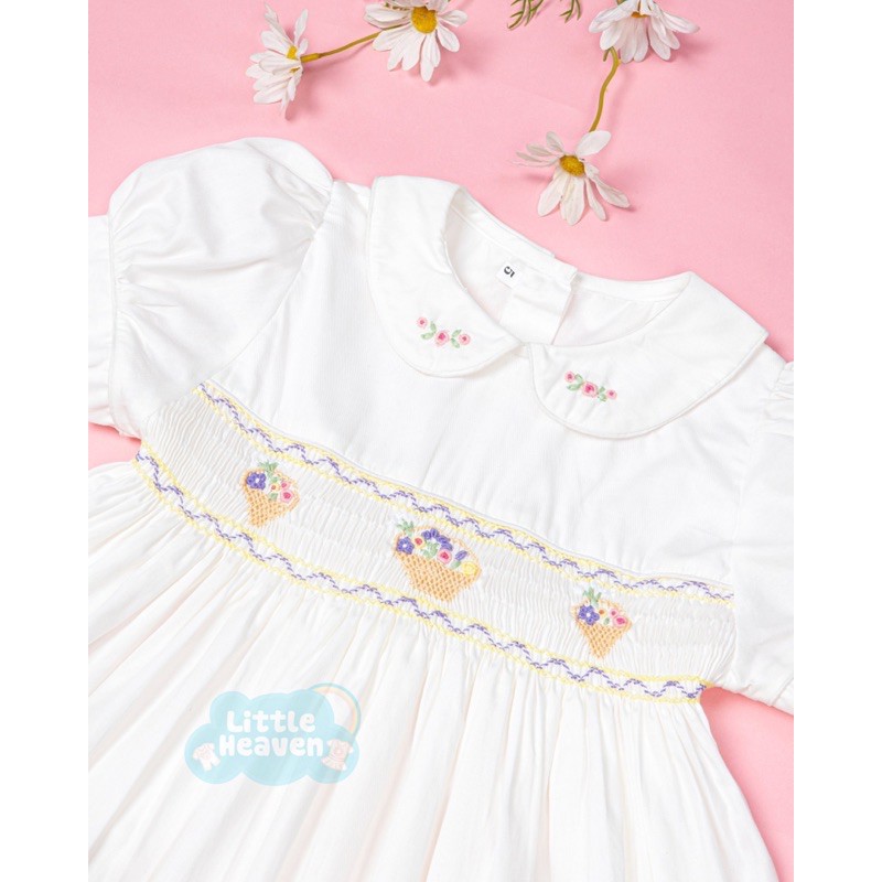 Đầm móc xích trắng / white smocked dress for baby girl / bé gái cổ sen thêu hoa - CT0103