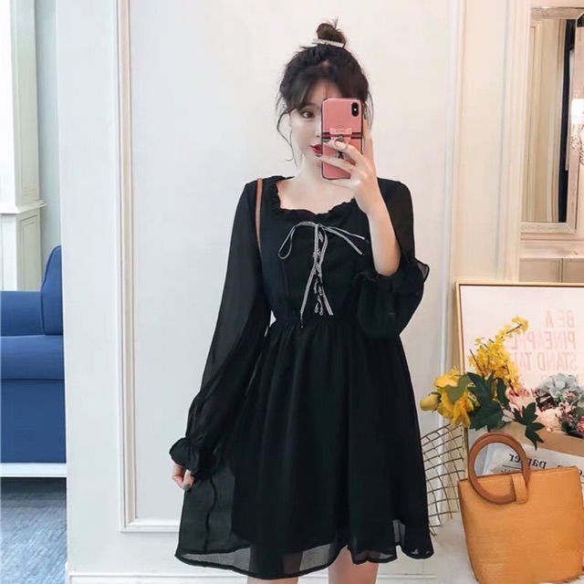 (Order-ảnh thật) bigsize L-4XL Đầm voan công chúa cổ vuông viền bèo đan dây nơ dài tay