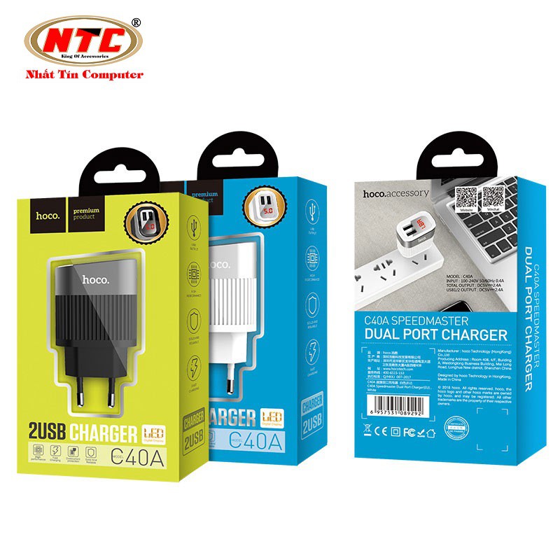 Cốc sạc 2 cổng Hoco C40A Speedmaster 2.4A màn hình LCD hiển thị dòng sạc - Hàng chính hãng