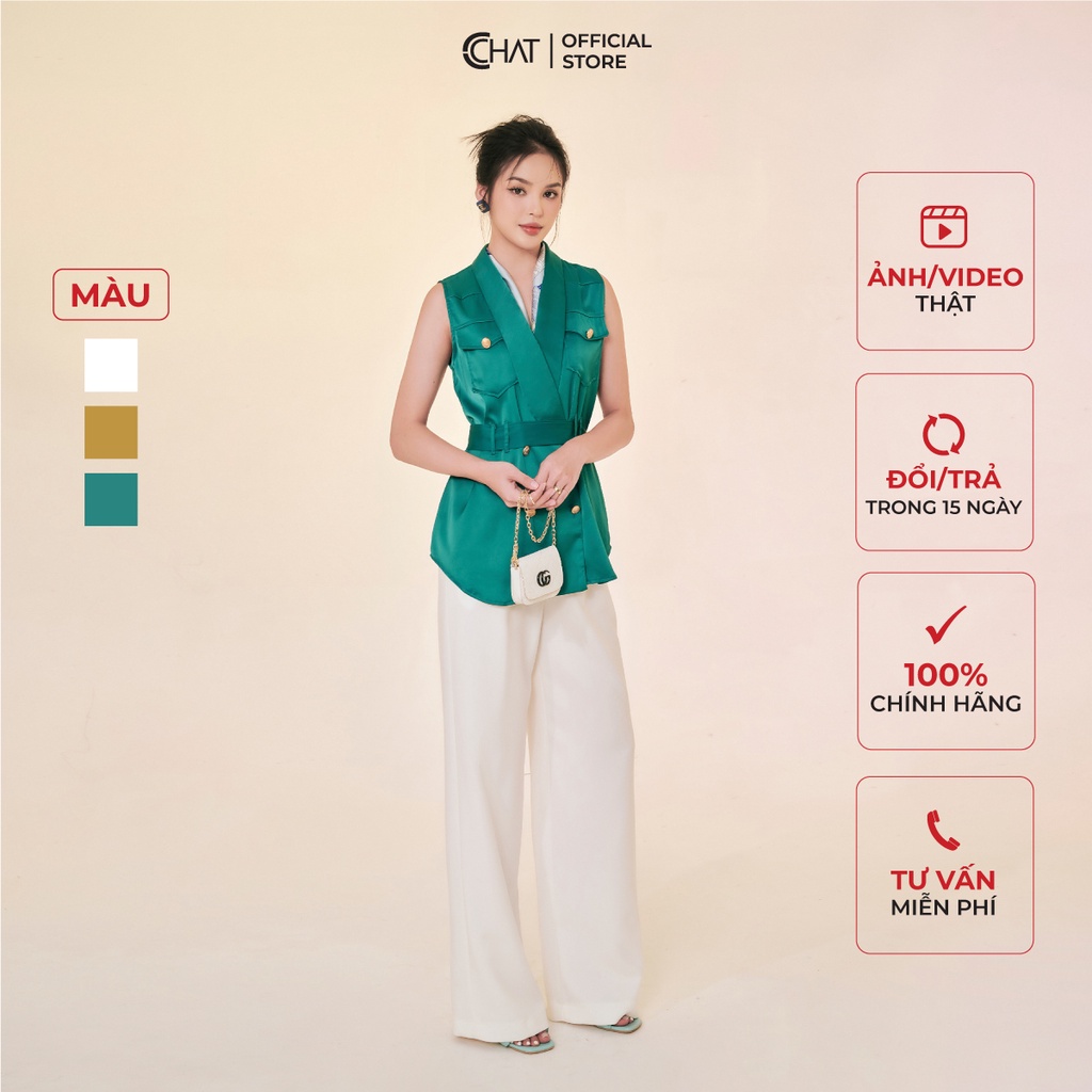 Áo Kiểu Nữ 𝐂𝐂𝐇𝐀𝐓 Cổ Sam Sát Nách Túi Ốp Chất Lụa Cao Cấp 12ASL2002ST