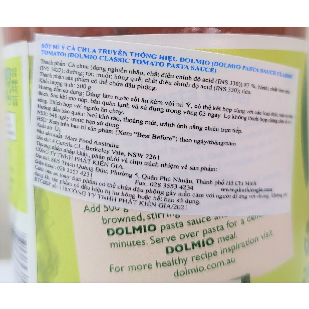 [Lọ 500g] XỐT MÌ Ý CÀ CHUA TRUYỀN THỐNG [Australia] DOLMIO Classic Tomato Pasta Sauce